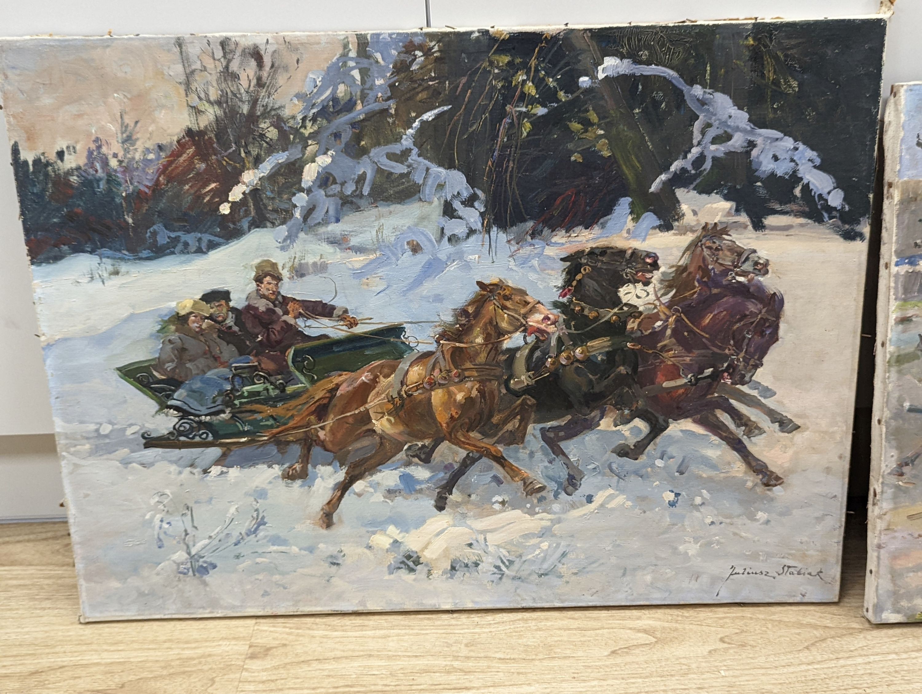 Juliusz Slabiak (Polish, 1917-1973), two oils on canvas, Wedding party in a cart and Troika, signed, 69 x 50cm and 74 x 55cm